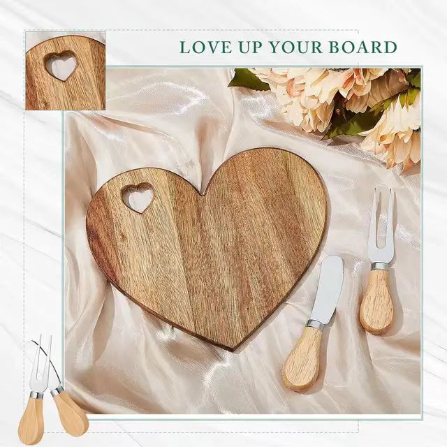 Heart-Shaped Wooden Cheese Board Set with Knife & Fork - 11.81×11.81×0.79 Inch Serving Platter for Cheese, Fruits & Charcuterie