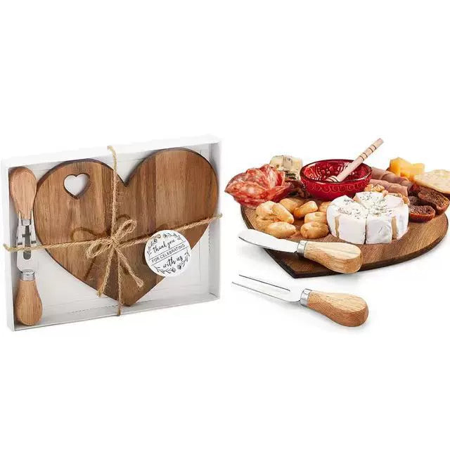Heart-Shaped Wooden Cheese Board Set with Knife & Fork - 11.81×11.81×0.79 Inch Serving Platter for Cheese, Fruits & Charcuterie