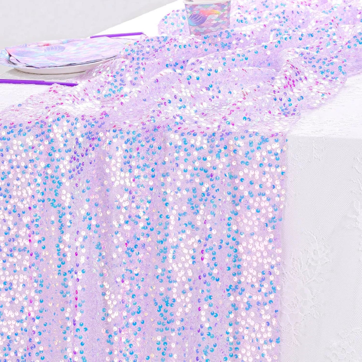 Mermaid Sequin Table Runner - Sparkly Glitter Table Decor for Wedding, Birthday Party, Event Backdrop