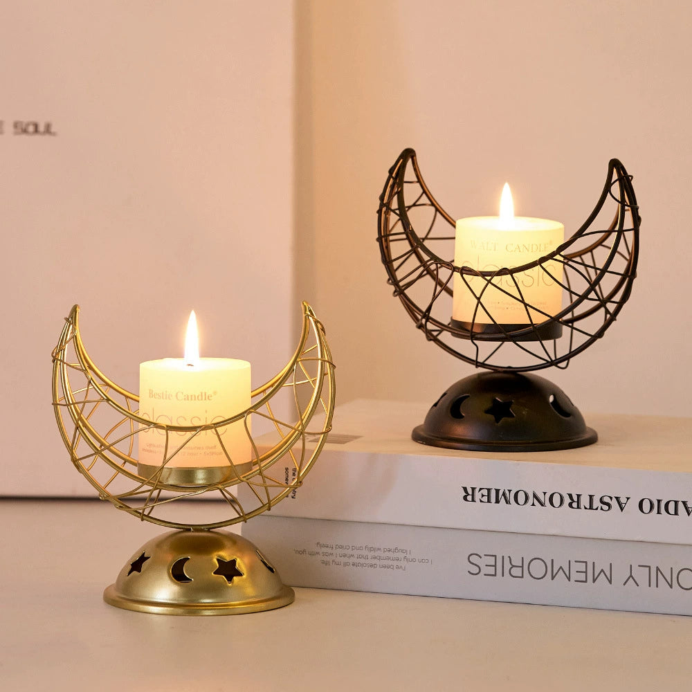 Moon Phase Metal Candle Holder & Incense Burner (Gold/Black) - Romantic Home & Wedding Decor