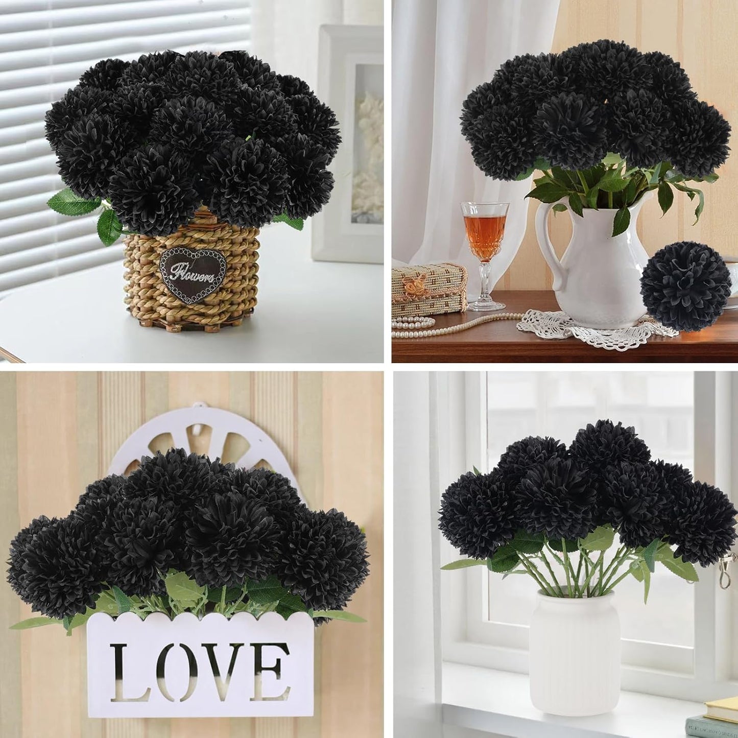 12 Inch Black Artificial Chrysanthemums Flowers Ball, 12 Pcs Bulk Pack for Halloween Decor