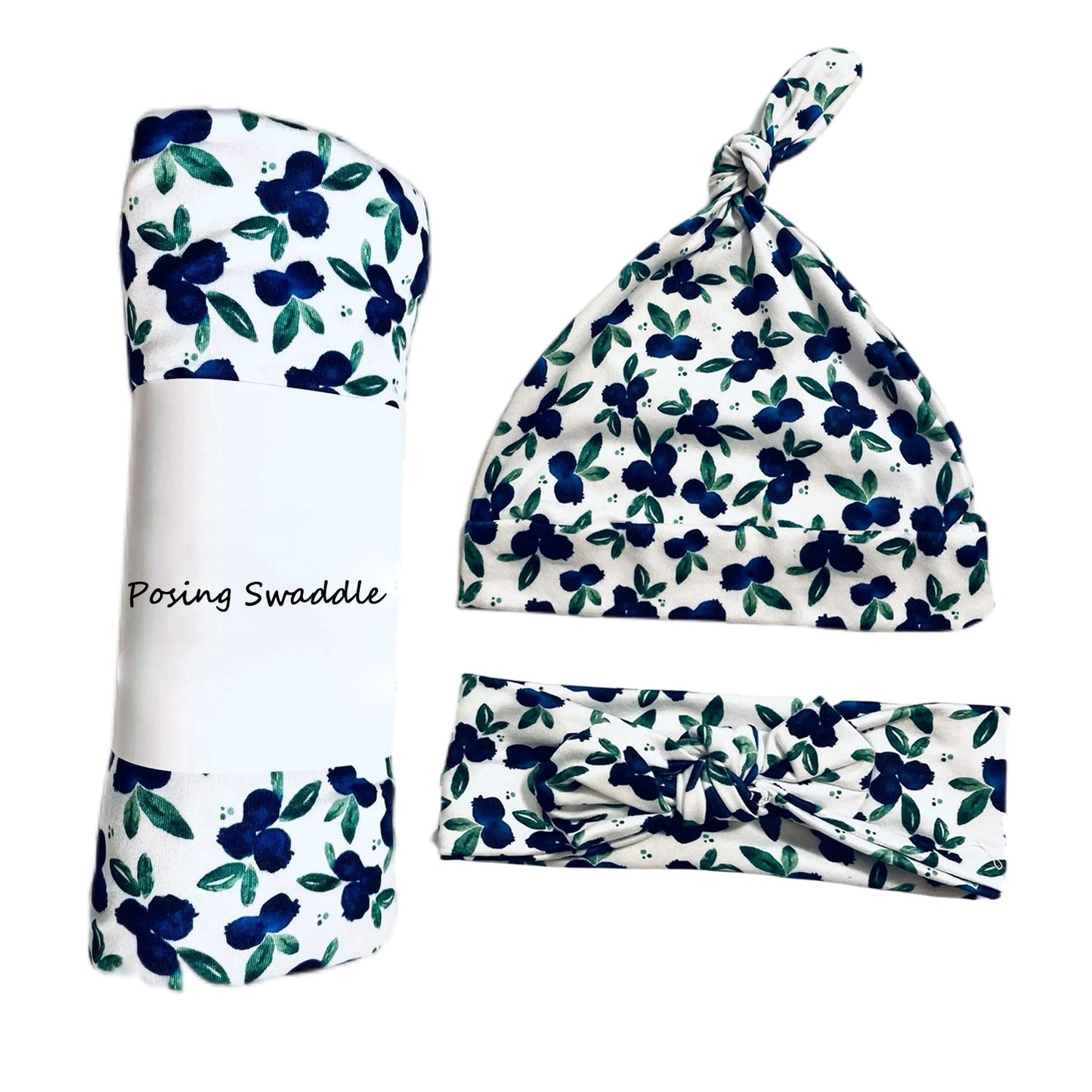 Newborn Swaddle Set - Anti-Startle Stretch Wrap, Bunny Ear Hat & Headband - 3-Piece Set with Prints