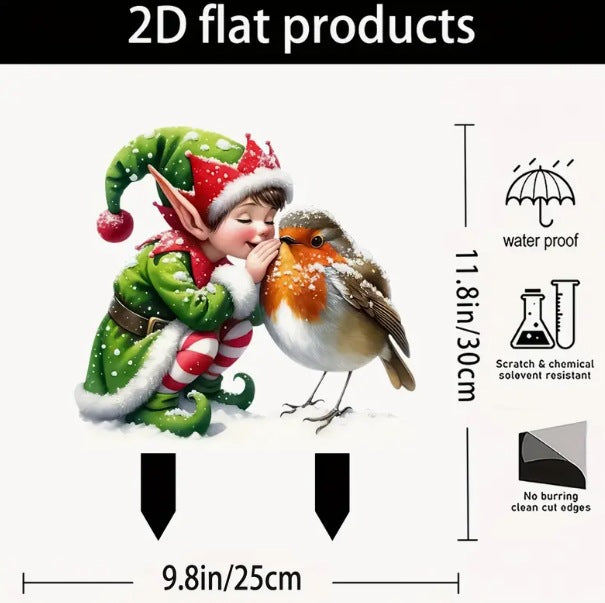 3 Christmas Gnomes & Robin Acrylic Garden Stakes - Bohemian Outdoor Lawn Decor for Planters