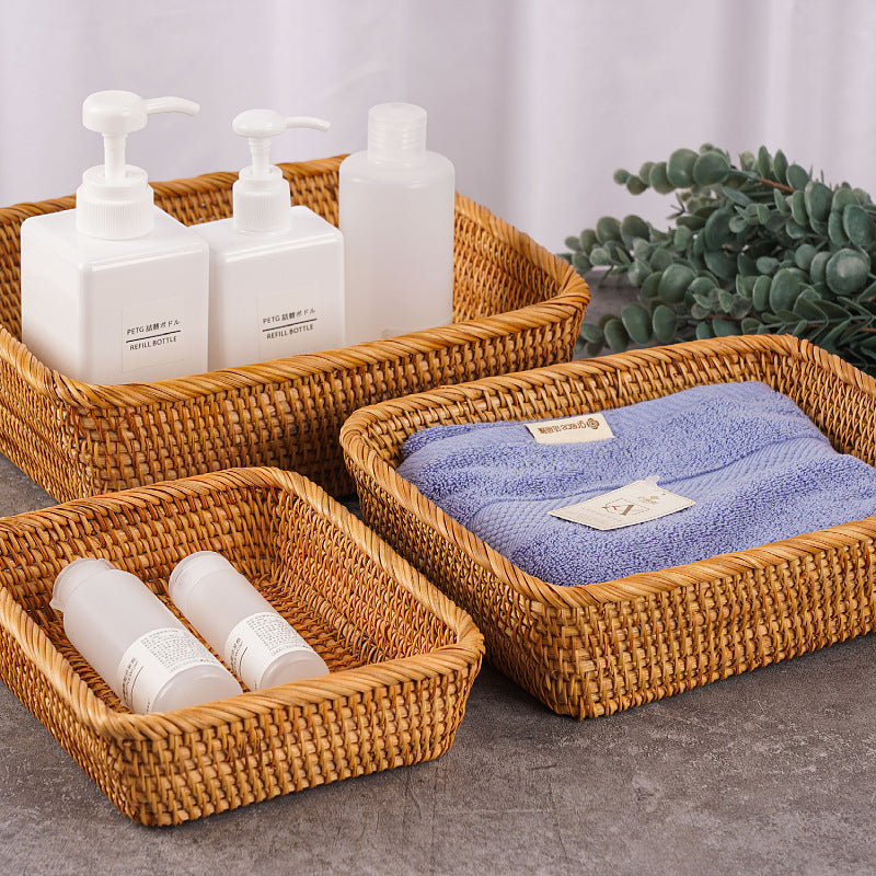 Premium Braided Rattan Organizer Set 3 Piece Modular Desktop Storage for Vanity Cosmetics & Office Décor