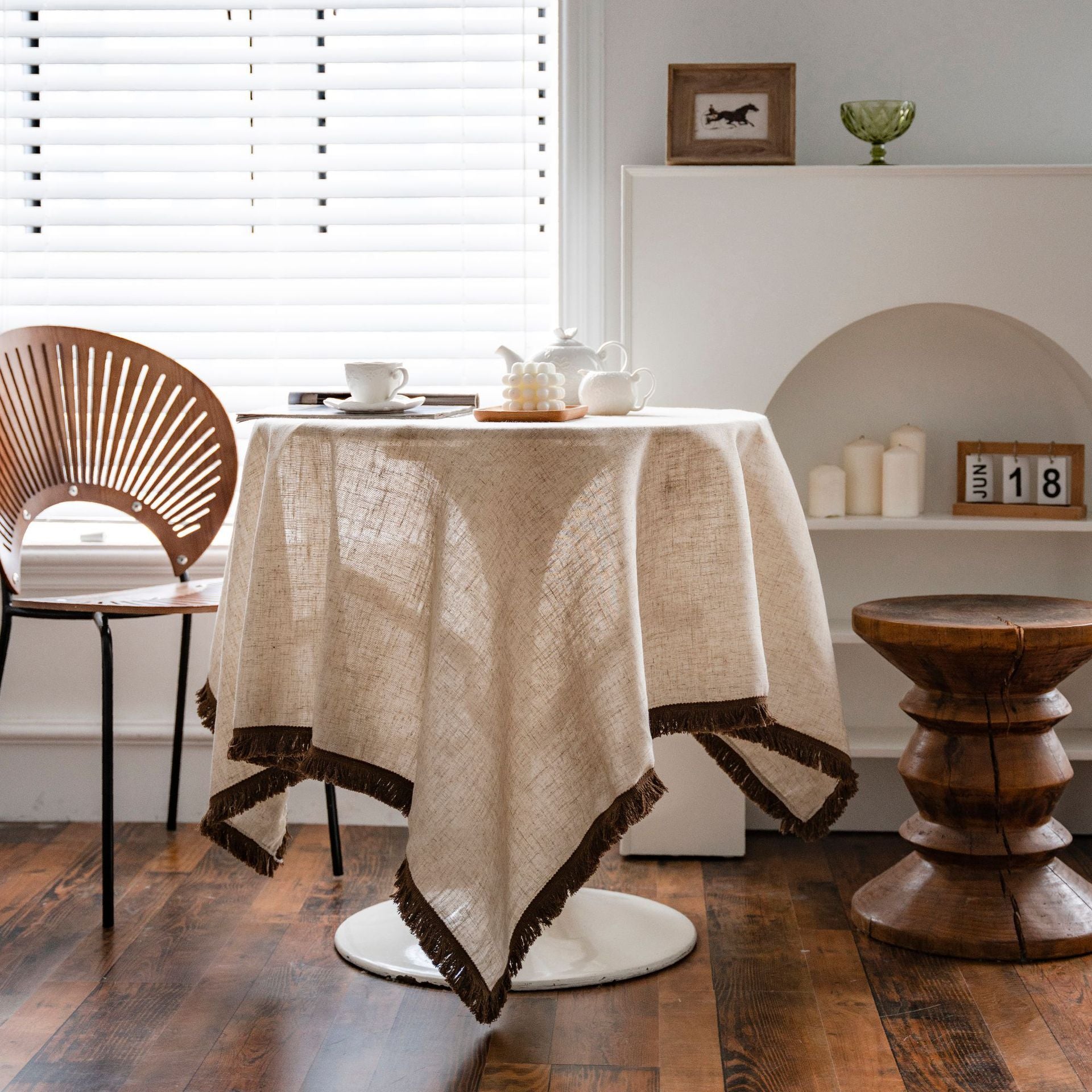Bulk 55" Linen Round Tablecloth with Tassel Wrinkle Free Table Cloth Wholesale