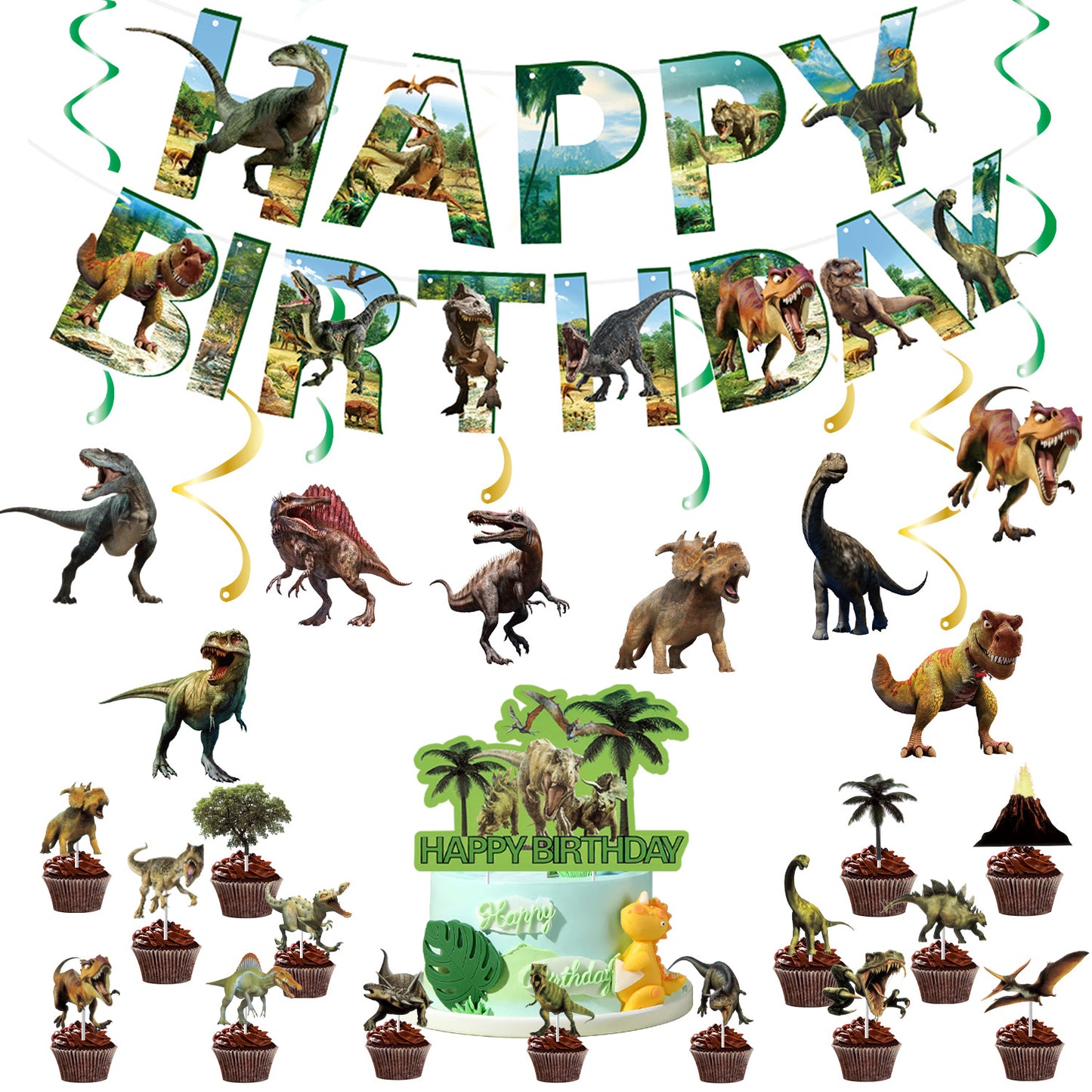 Dinosaur Birthday Party Decorations Set - Banner Cake Toppers Hanging Spirals for Kids’ Prehistoric Celebration