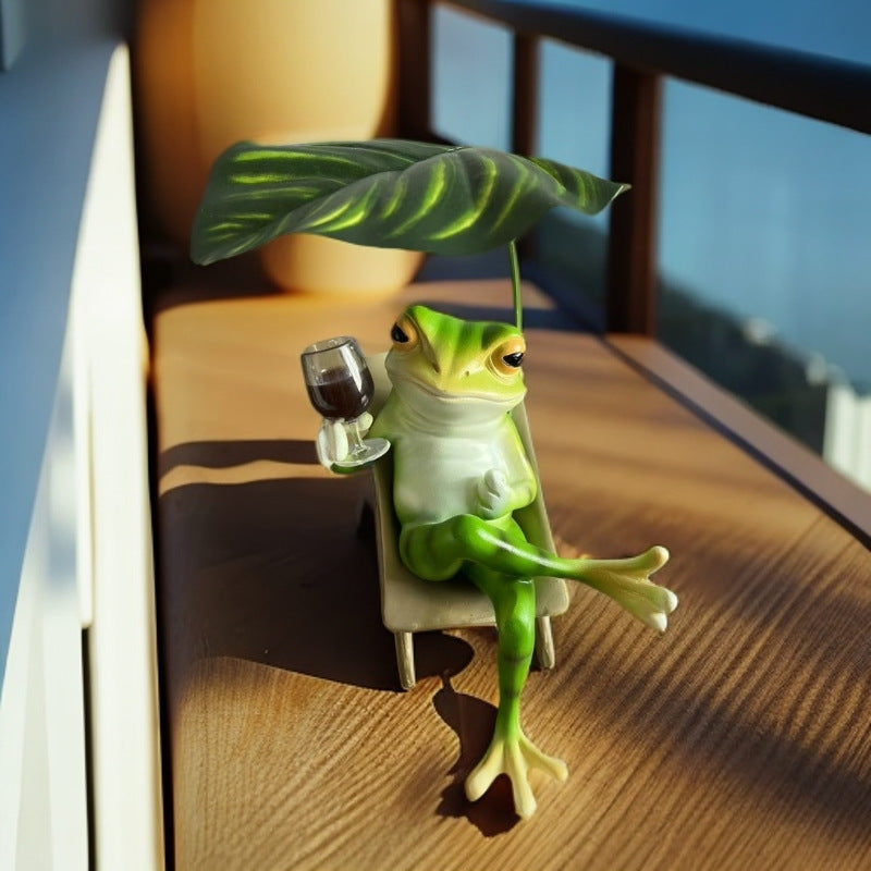 Chill Reclining Frog Statue with Leaf Umbrella - Garden Patio Decor | Indoor Outdoor Relaxing Figurine (Eco-Friendly Resin)