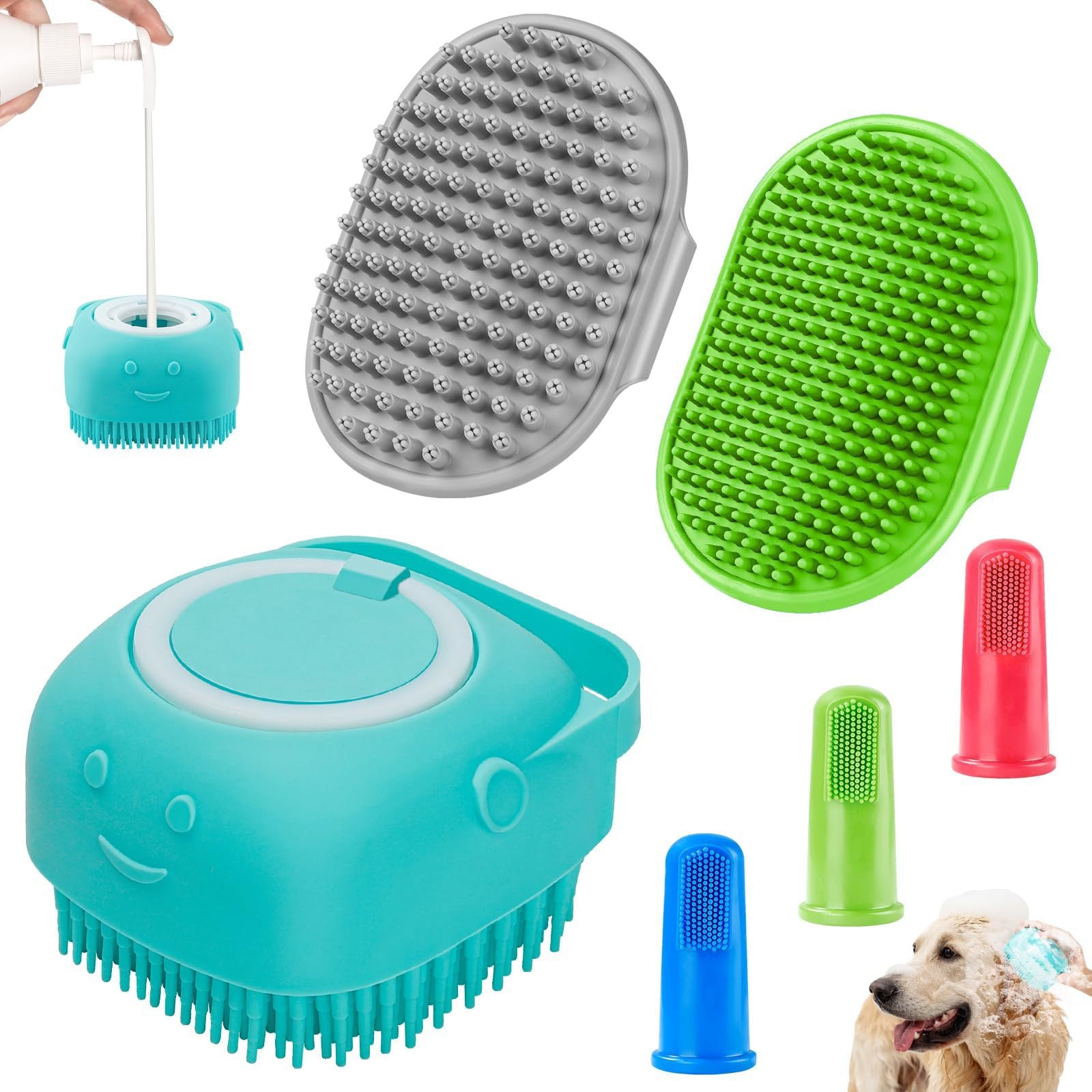 Premium 6 pcs Dog Bath Brush Set Adjustable Handle Massage Bristles Short Long Hair Dogs Cats Bathing Shower Grooming Essentials