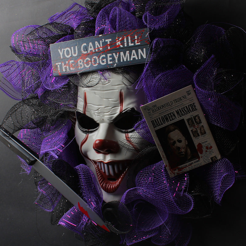 16 Inch Halloween Black Mesh Joker Wreath Bulk Artificial Mask Decoration