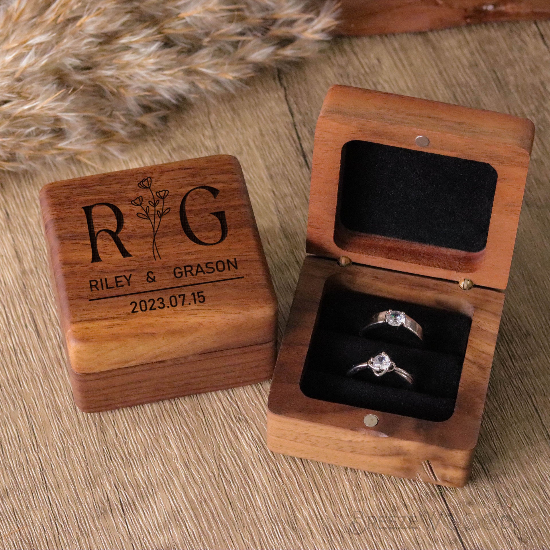 Customized Black Walnut Wooden Ring Box - DIY Engraved Logo/Design for Wedding Proposal & Couples