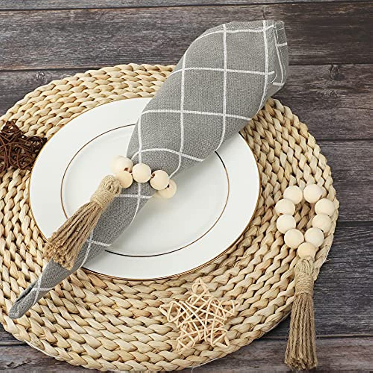 Premium Wooden Napkin Rings 12 Pack Elastic Wood Bead Tassel Design for Weddings Holiday Tablescapes & Reusable Dinner Party Decor