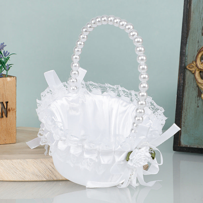 2-Pack Wedding Flower Girl & Bridesmaid Baskets - Lace, Rhinestone & Pearl Embellished White Designs