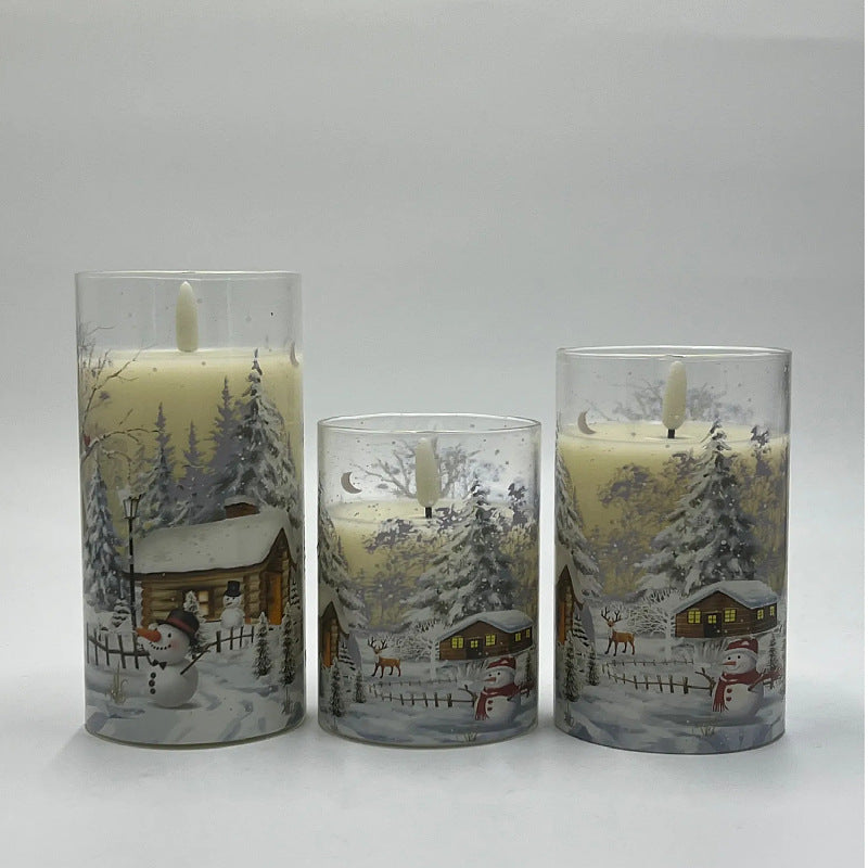 Christmas LED Flameless Candles - 3-Piece Snow Scene Glass Decals Winter Holiday Ambience Decor (3"-6")