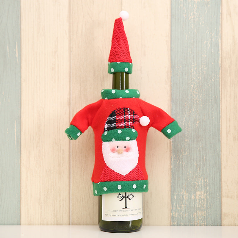 Christmas Embroidery Cartoon Wine Bottle Cover 3 Styles - Santa/Snowman/Deer Holiday Table Decoration (1 Set = Bottle Dress + Hat)