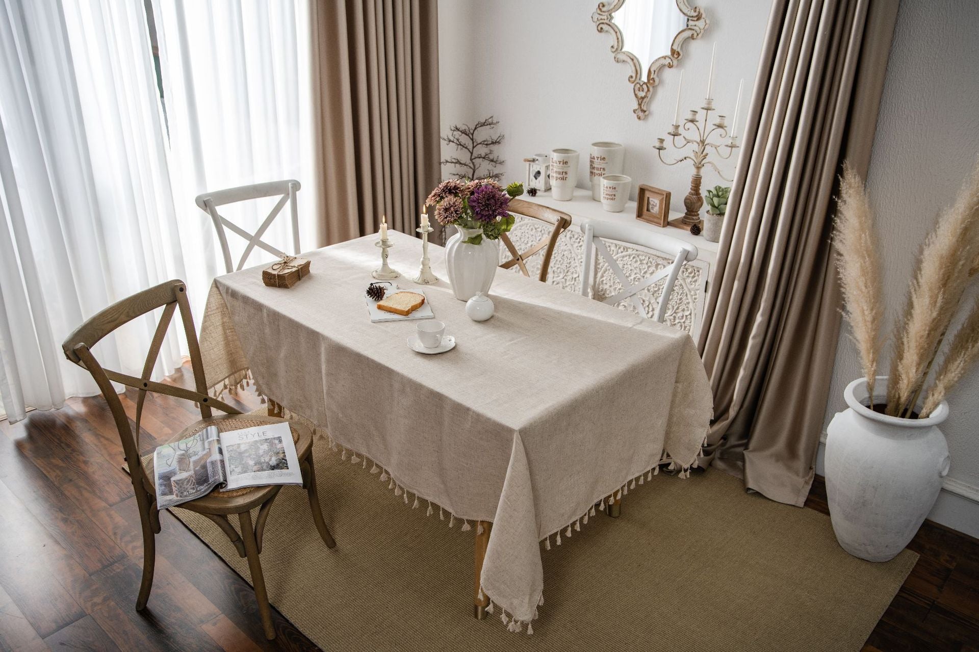 Bulk Linen Tablecloth Rectangle Tassel Table Cloth for Kitchen Dining Room Table Cover Wholesale