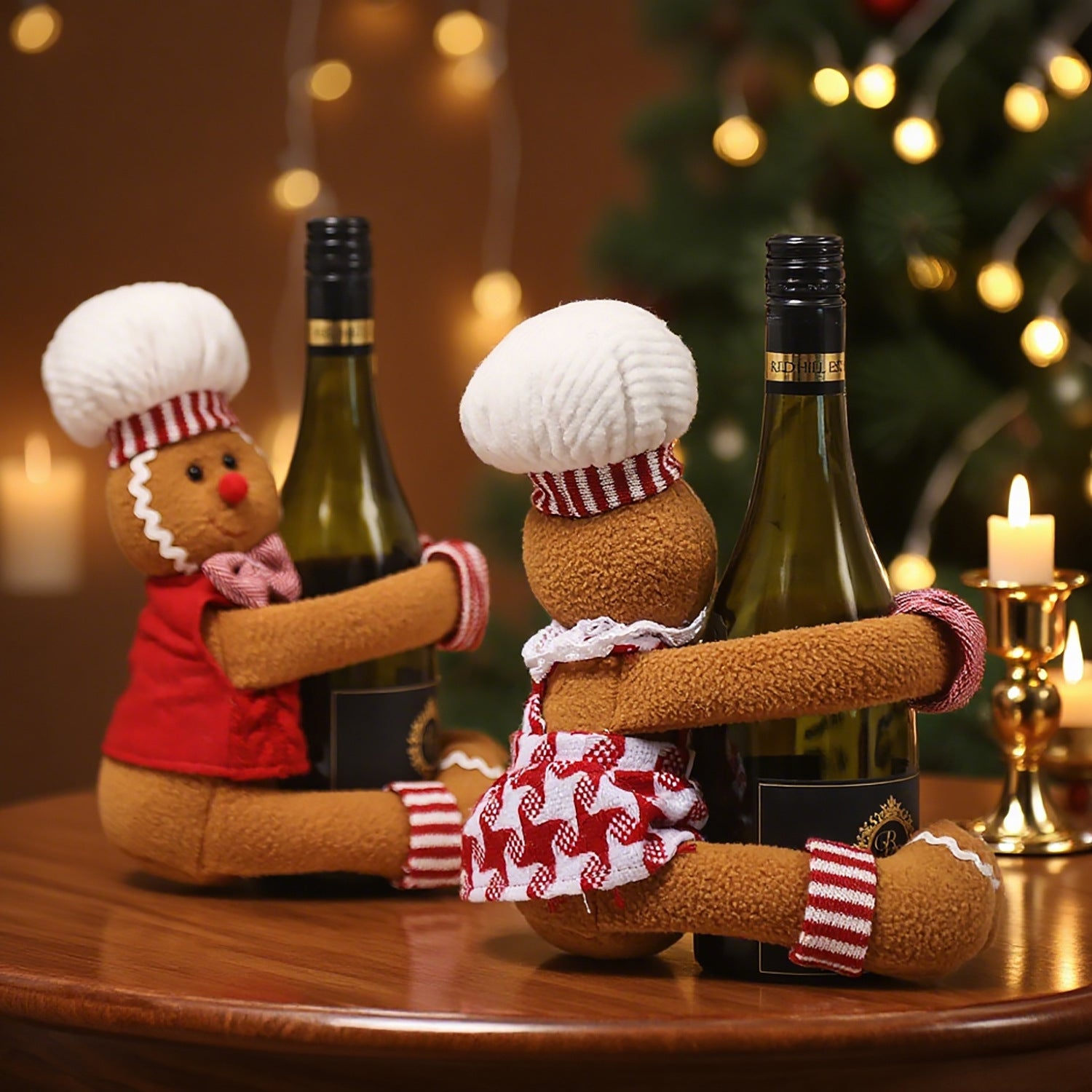 Christmas Couple Gingerbread Man Wine Bottle Cover - Festive Fabric Decor