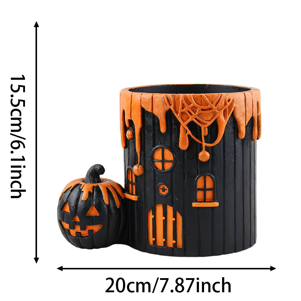 Halloween Pumpkin House Resin Planter - Spooky Cute Decor for Home Desk & Garden