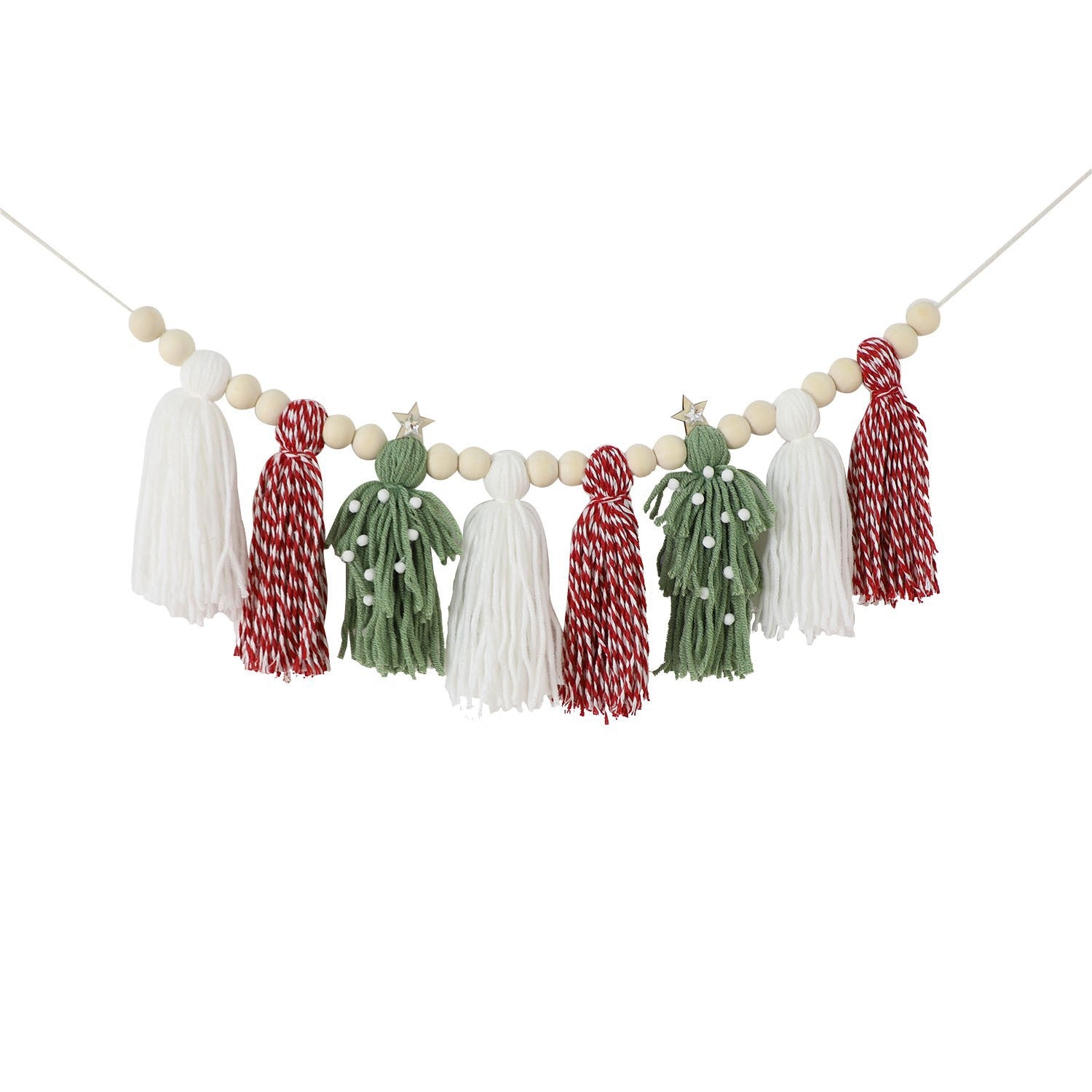 2 Pcs Christmas Fireplace Decor Tassel Garland Handmade Yarn & Wood Bead Banner