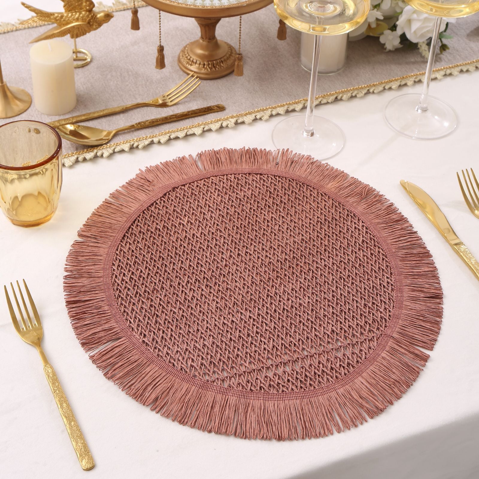 Paper Woven Tassel Placemats - 15" Round (6-Pack) | Non-Slip Cup Mat & Heat-Resistant Table Pad for Home Decor