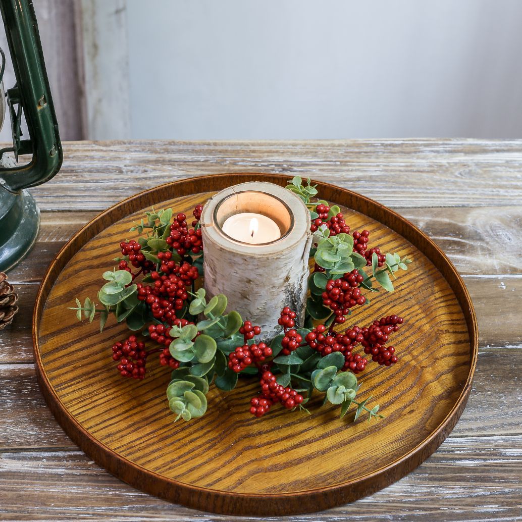 Eucalyptus & Red-Berry Candle Ring – 8" Christmas Table Centerpiece Fits Standard Pillar & Taper Candles