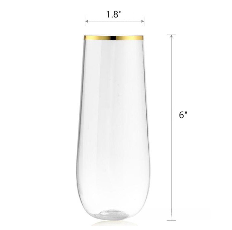 Bulk 10 Pcs Plastic Champagne Flutes 9 OZ Stemless Disposable Toasting Glasses with Gold Rim Wholesale