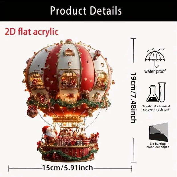 Christmas Santa Hot Air Balloon Acrylic Wall Decor - 2D Flat Hanging Ornament for Bedroom & Living Room
