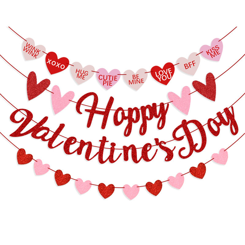 Valentine's Day Heart Glitter Garland - Happy Valentine's Day Letter Banner (Pink & Red)