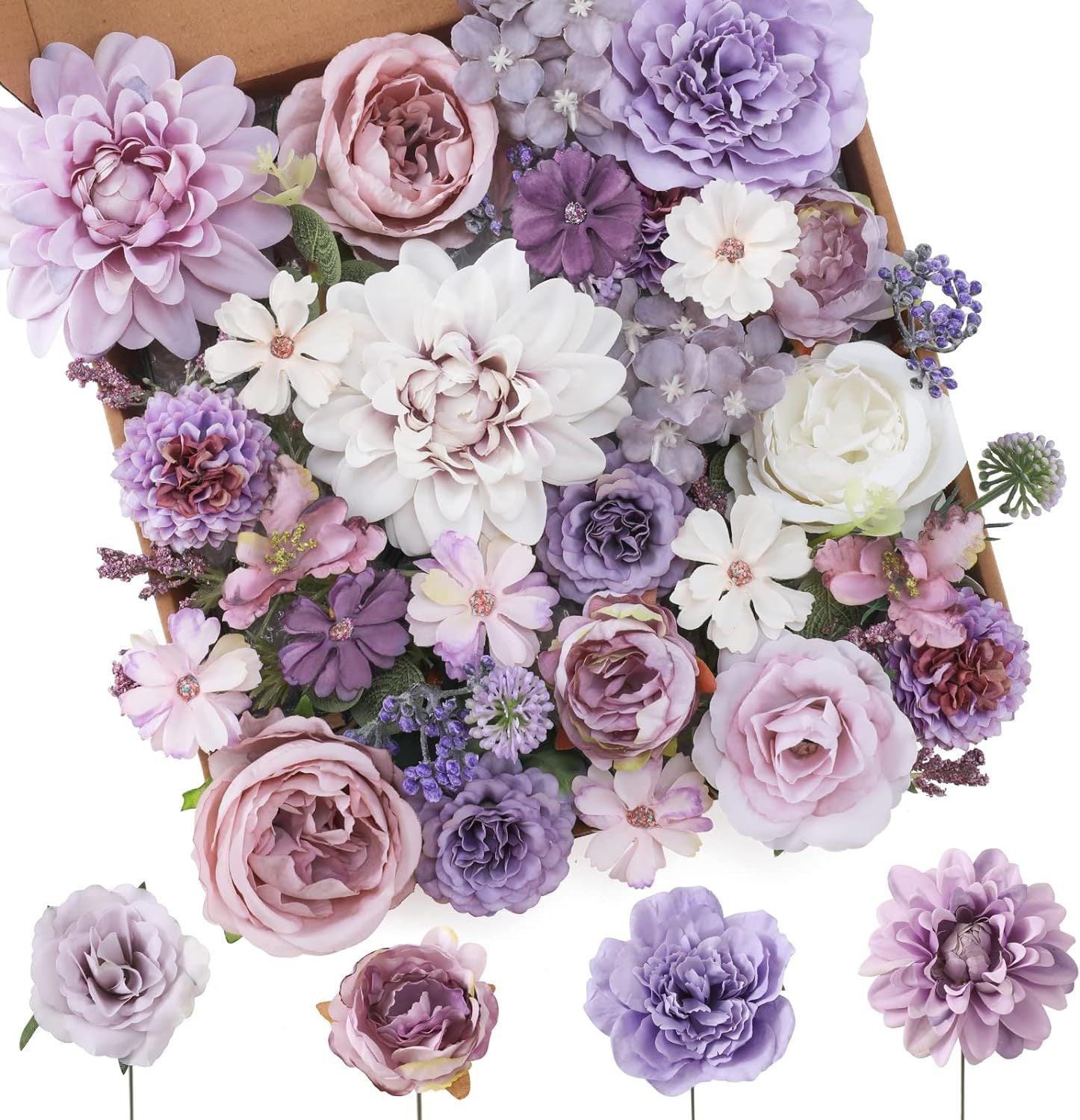 24 Pcs Silk Rose Bouquet Combo Dahlia & Roses Bouquet Kit with Adjustable Stems Hyper-Realistic Floral Arrangements for Wedding Arches Bridal DIY Baby Shower Centerpieces & Moody Home Decor UV Fade Resistant Wholesale