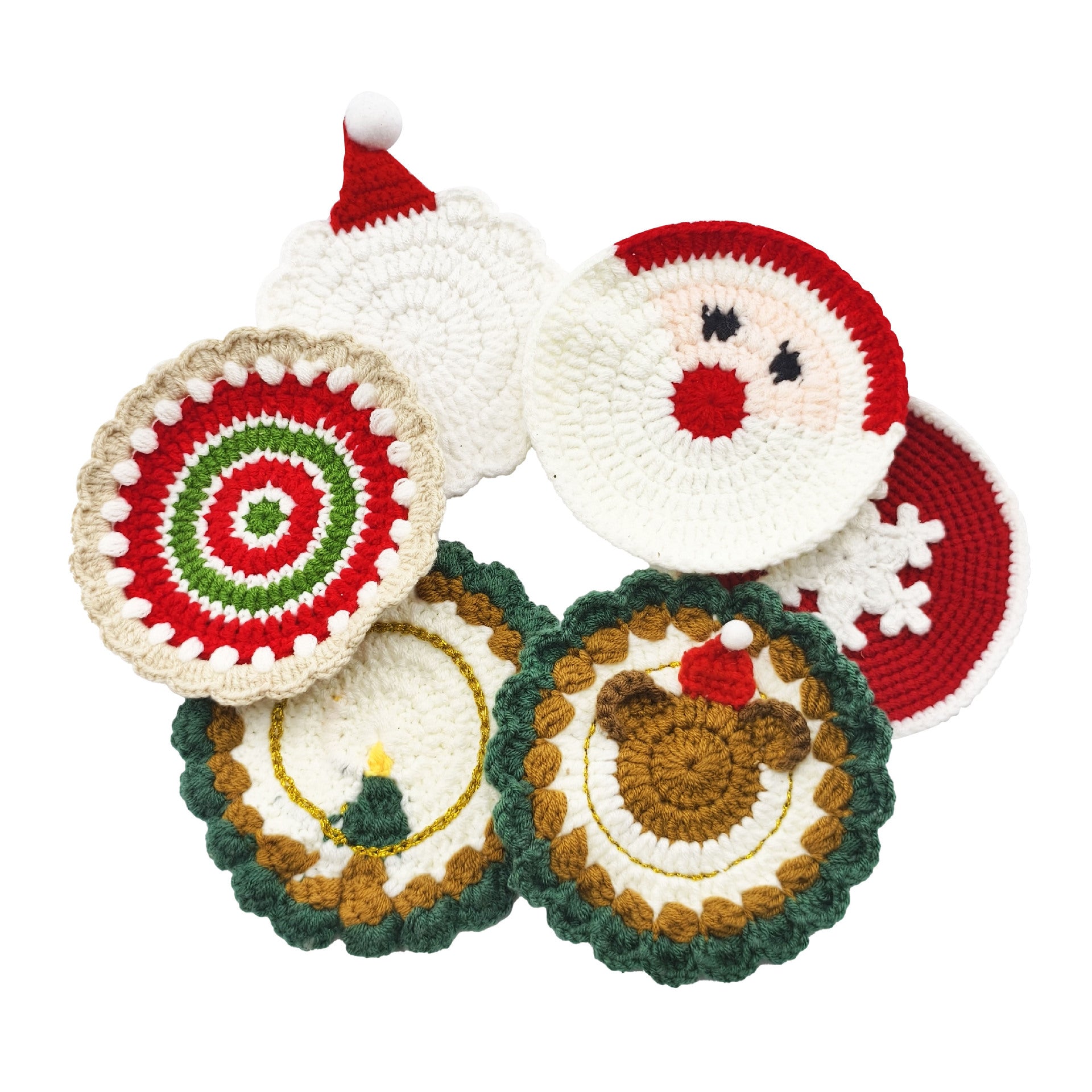 2-Pack New Christmas Knit Coaster Set Handmade Cartoon Heat-Resistant Cup Mats for Holiday