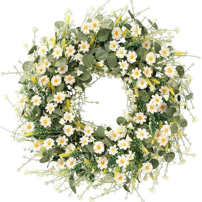 Premium 24 In Daisy Wreath Silk Flowers with Eucalyptus Lavender Boho Farmhouse Wedding Decor Seasonal Wall Hanging Arrangements