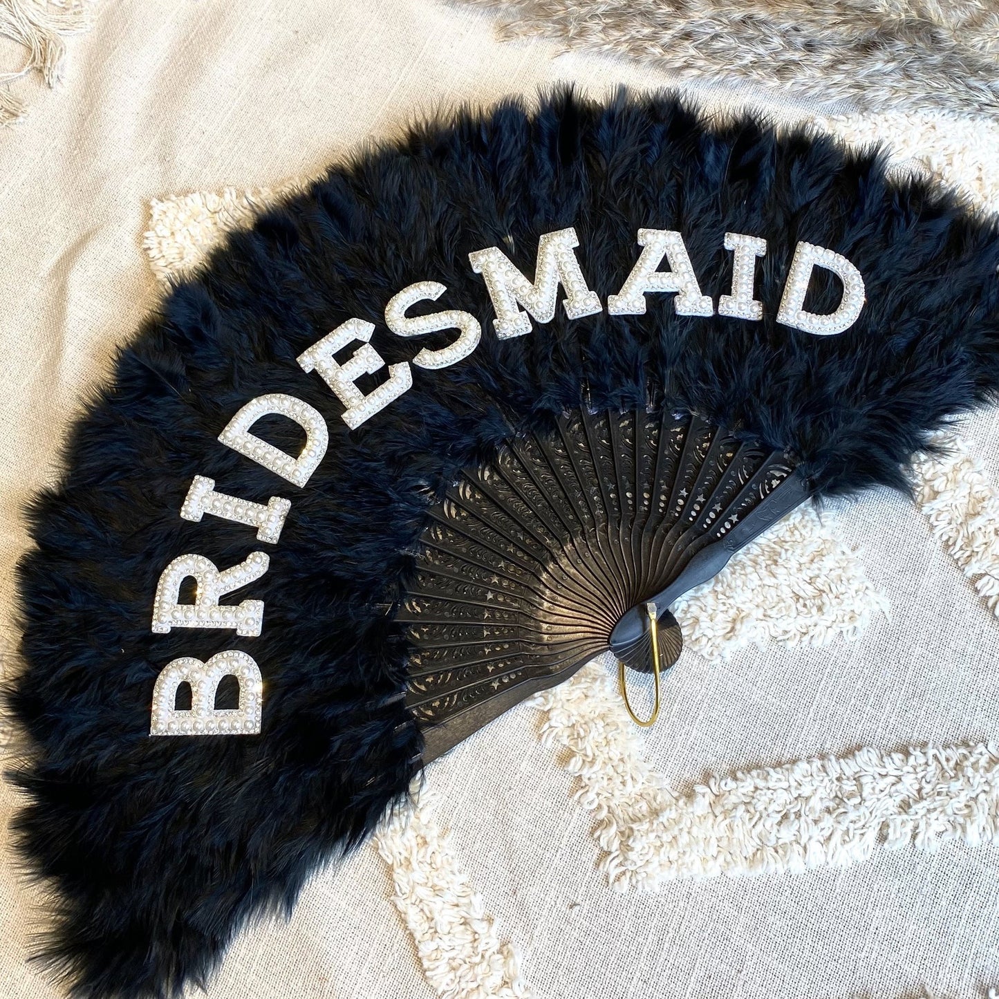 Bachelorette Party Bride Feather Fan - White with Pearl "Bride" Lettering | Wedding & Bridal Decor