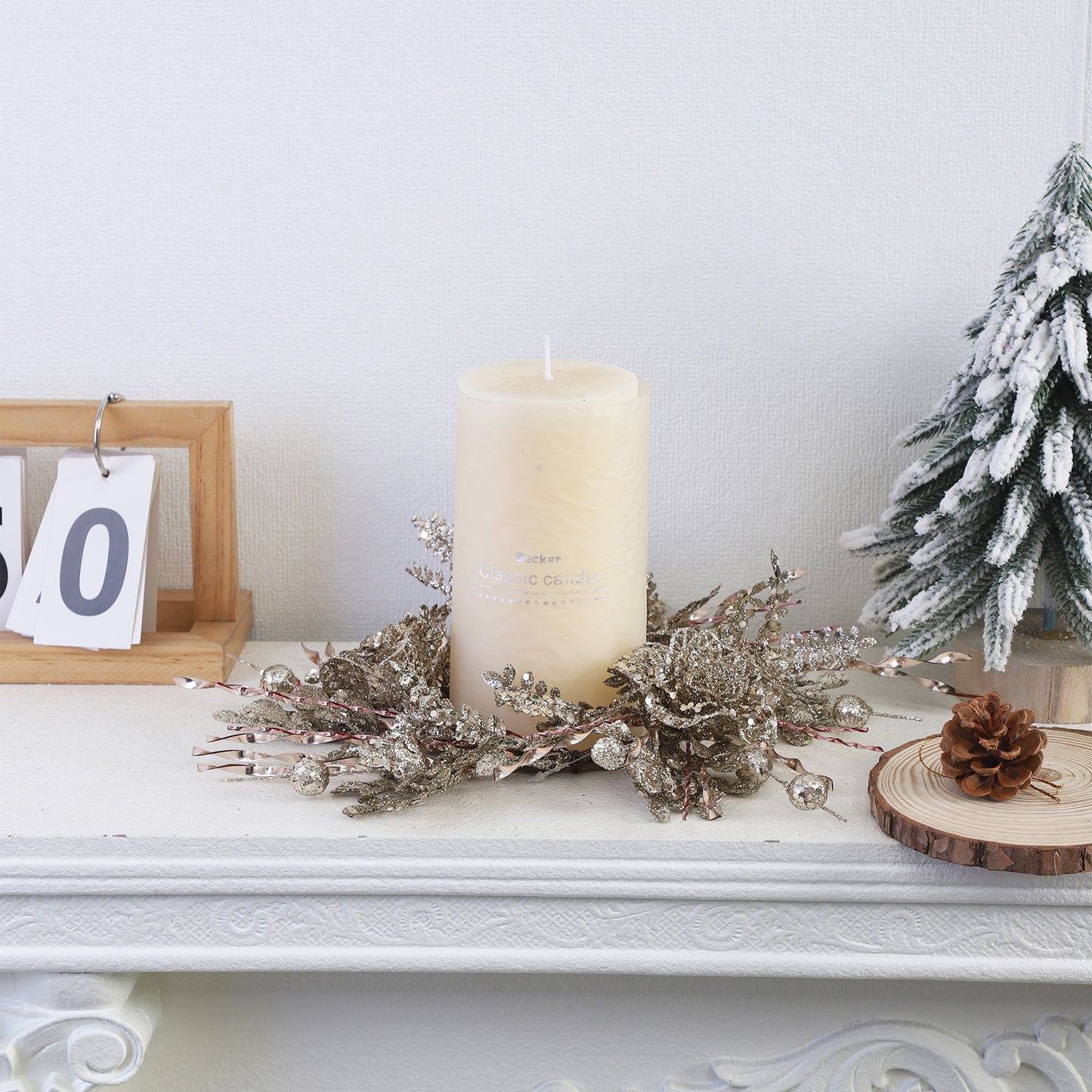 2-Pack Christmas Candle Ring Wreaths - Gold Glitter Artificial Flower Decor for Holiday Tree & Table