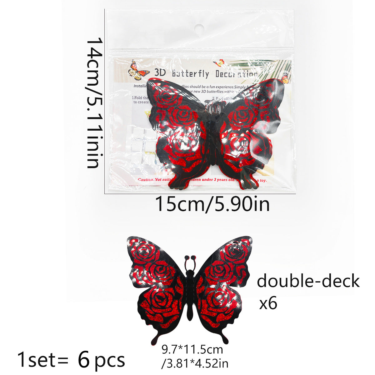 3D Double-Layer Glitter Butterfly Wall Decor - Valentine's Day Decor (6-Pack)