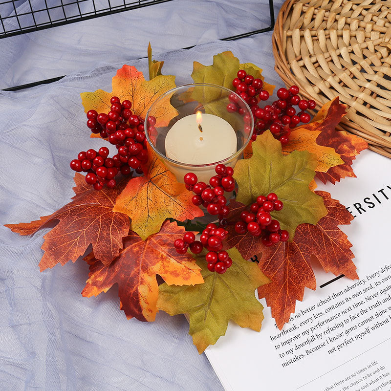Thanksgiving Harvest Festival Fall Maple Leaf Candle Ring - Autumn Pumpkin & Berry Table Decor