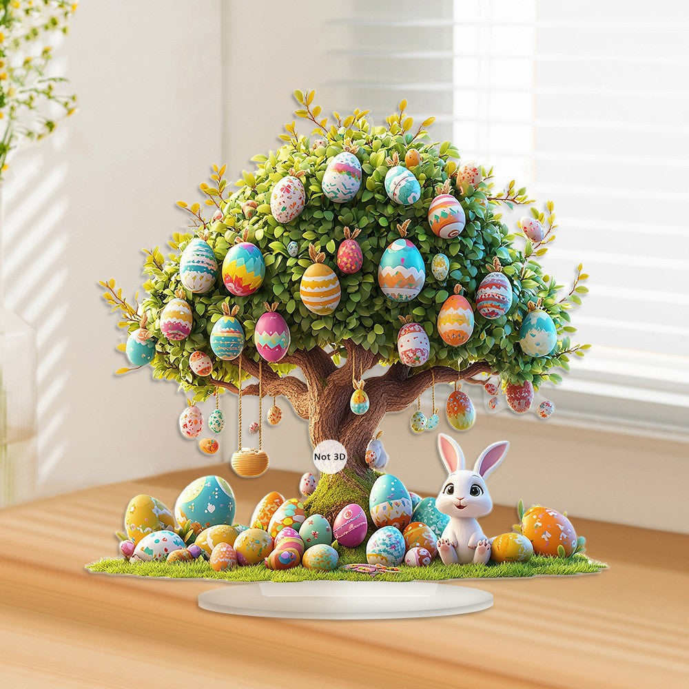 Easter Egg Tree & Bunny Tabletop Decor - 10.04"x9.84" 2D Acrylic Easter Decoration for Living Room Entryway