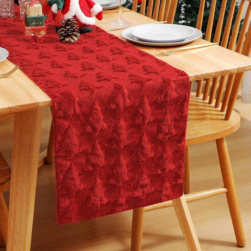 Christmas Plush Embroidered 3D Christmas Tree Table Runner - Holiday Table/Bed End Decoration (~13x72 Inches)