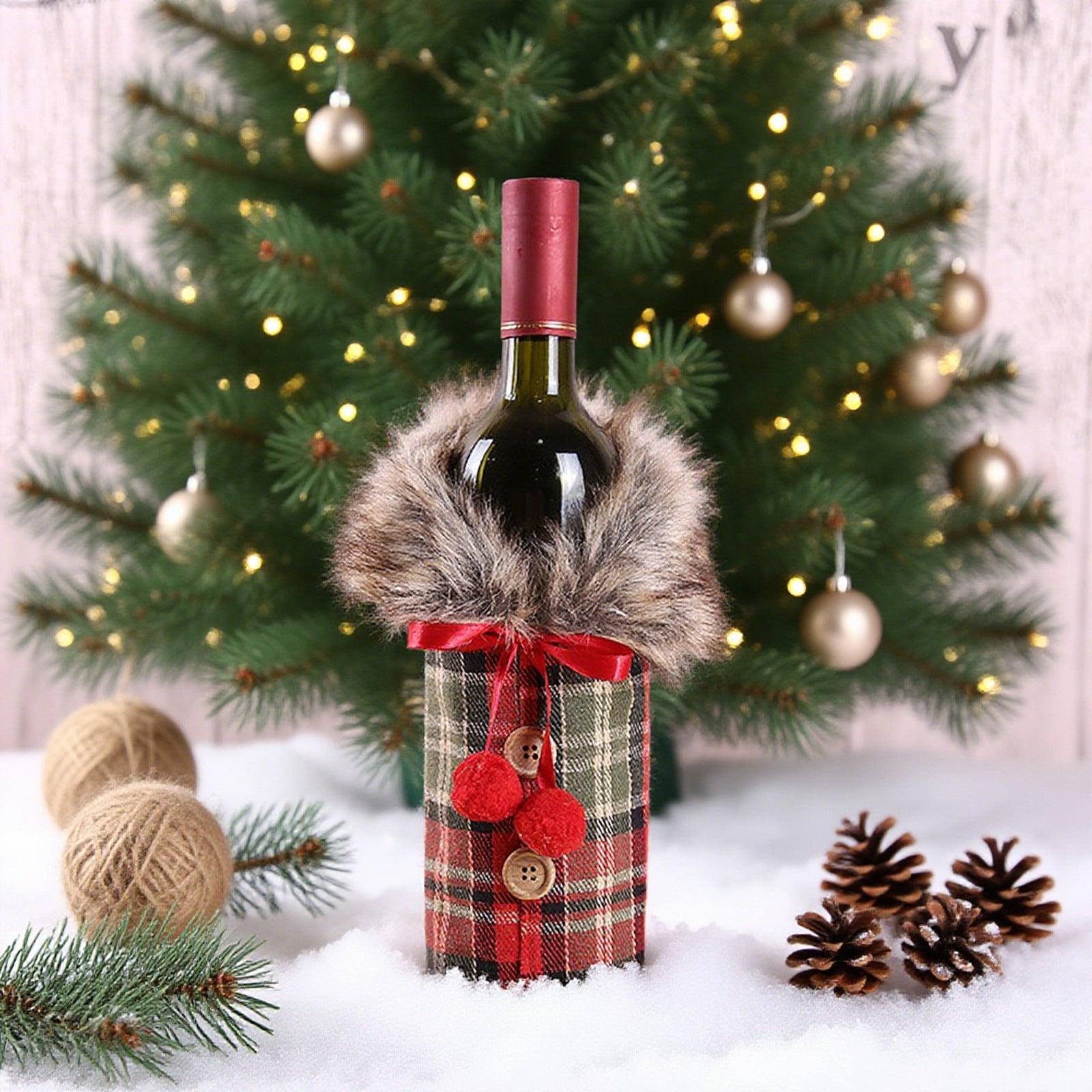 Christmas Plaid Wine Bottle Cover with Faux Fur Collar - Cute Cartoon Holiday Wine Jacket
