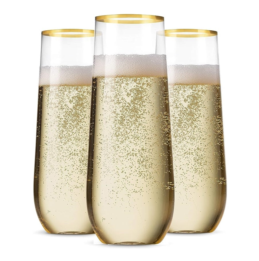 Bulk 10 Pcs Plastic Champagne Flutes 9 OZ Stemless Disposable Toasting Glasses with Gold Rim Wholesale