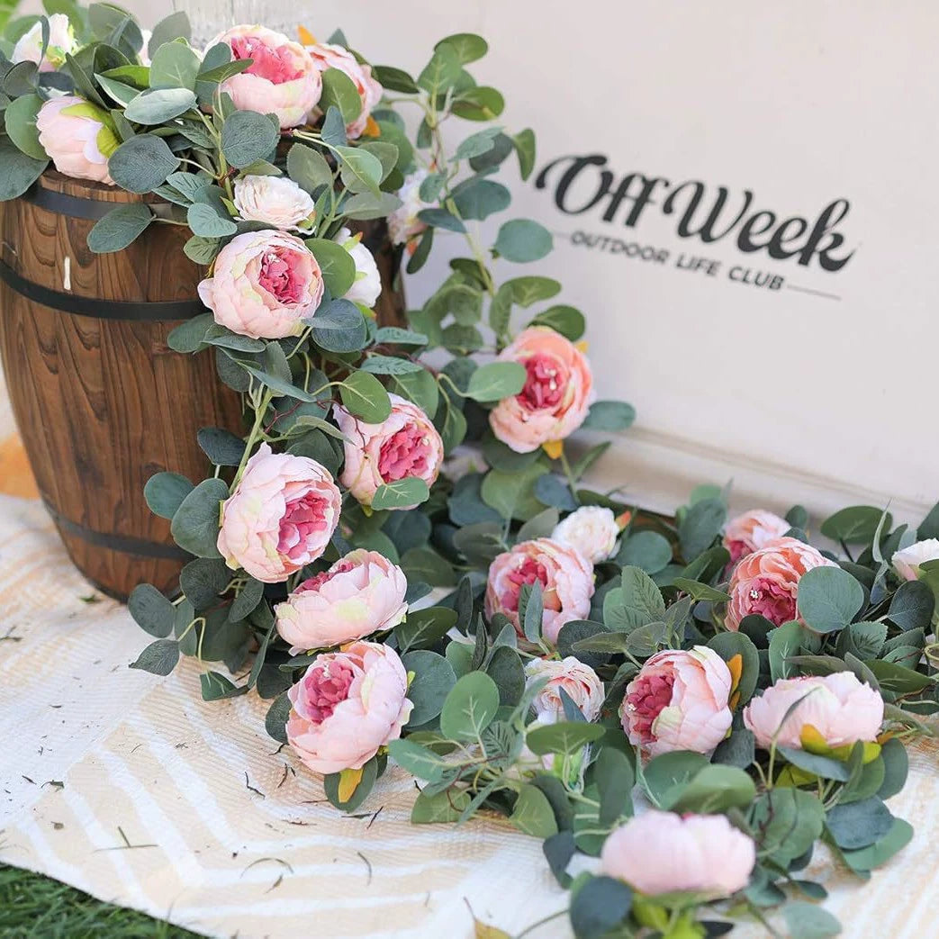 Bulk 2 Pcs Artificial Peony Garland Eucalyptus Garland Vintage Fake Flower Peony Rose Vine Greenery Decorative Wall Hanging Plant for Wedding Arch Door Arrangement Party Decor Wholesale