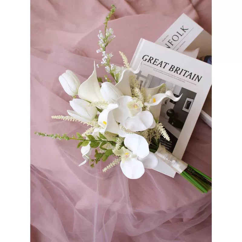 Bulk Tulip Bridal Bouquet 15" Luxury Artificial Flower Hand Tied Flexible Stems Fade Proof for Wedding Ceremony Bridesmaids Whoelsale