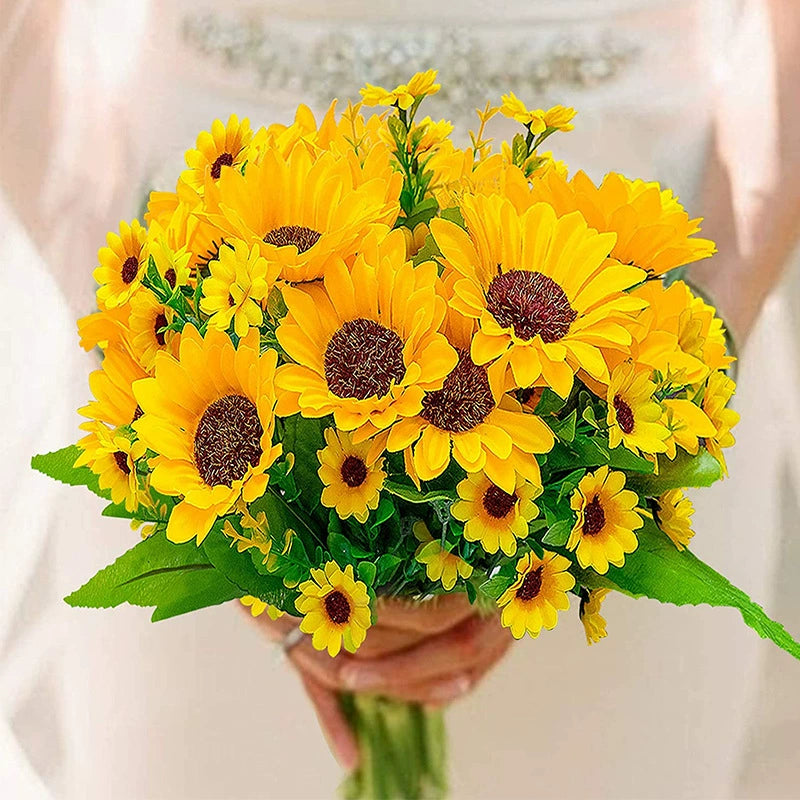 Bulk 2 Pcs Artificial Sunflower Bouquets Arrangements with Stems Photogenic Wedding Props for Bridal Bouquets Spring Baby Gender Reveal Backdrops Boho Farmhouse Mantel Styling Wholesale