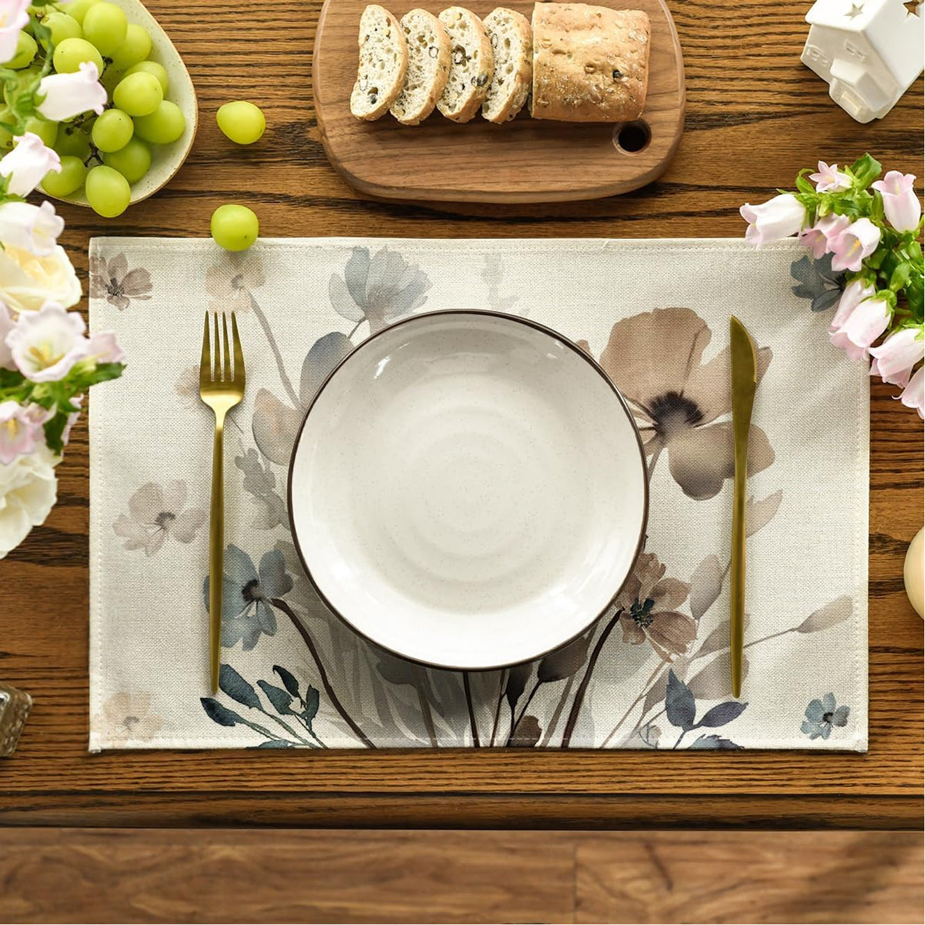 New Spring Floral Linen Placemats Set - 17.7"×11.8" Seasonal Table Decor for Kitchen & Dining