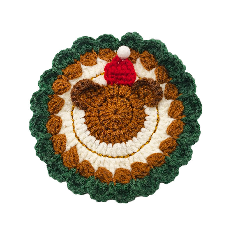 2-Pack New Christmas Knit Coaster Set Handmade Cartoon Heat-Resistant Cup Mats for Holiday