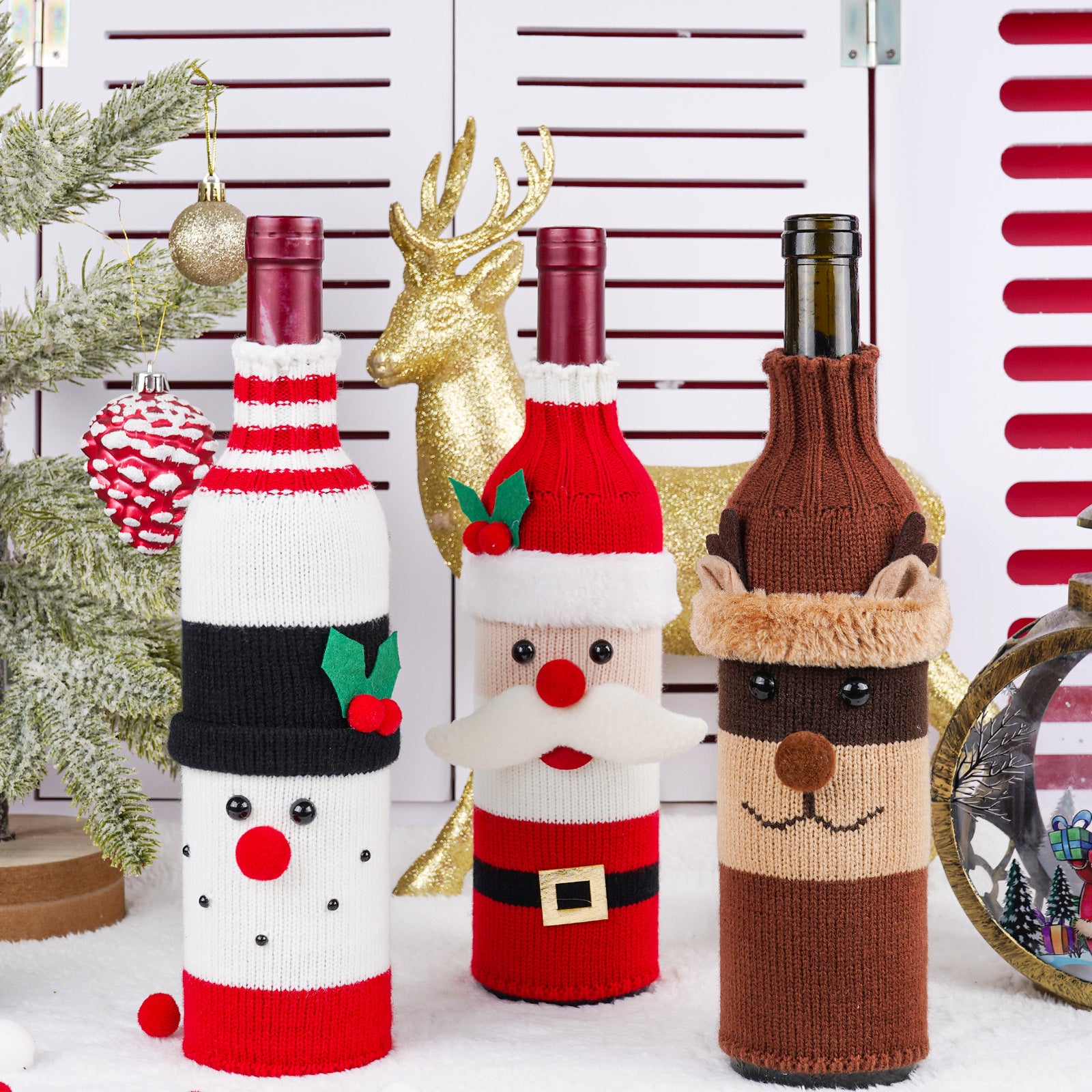 Christmas Knitted Wine Bottle Covers (Santa & Snowman) - 3.9-4.3" x 10.6-11.4" for Champagne/Holiday Party Decor
