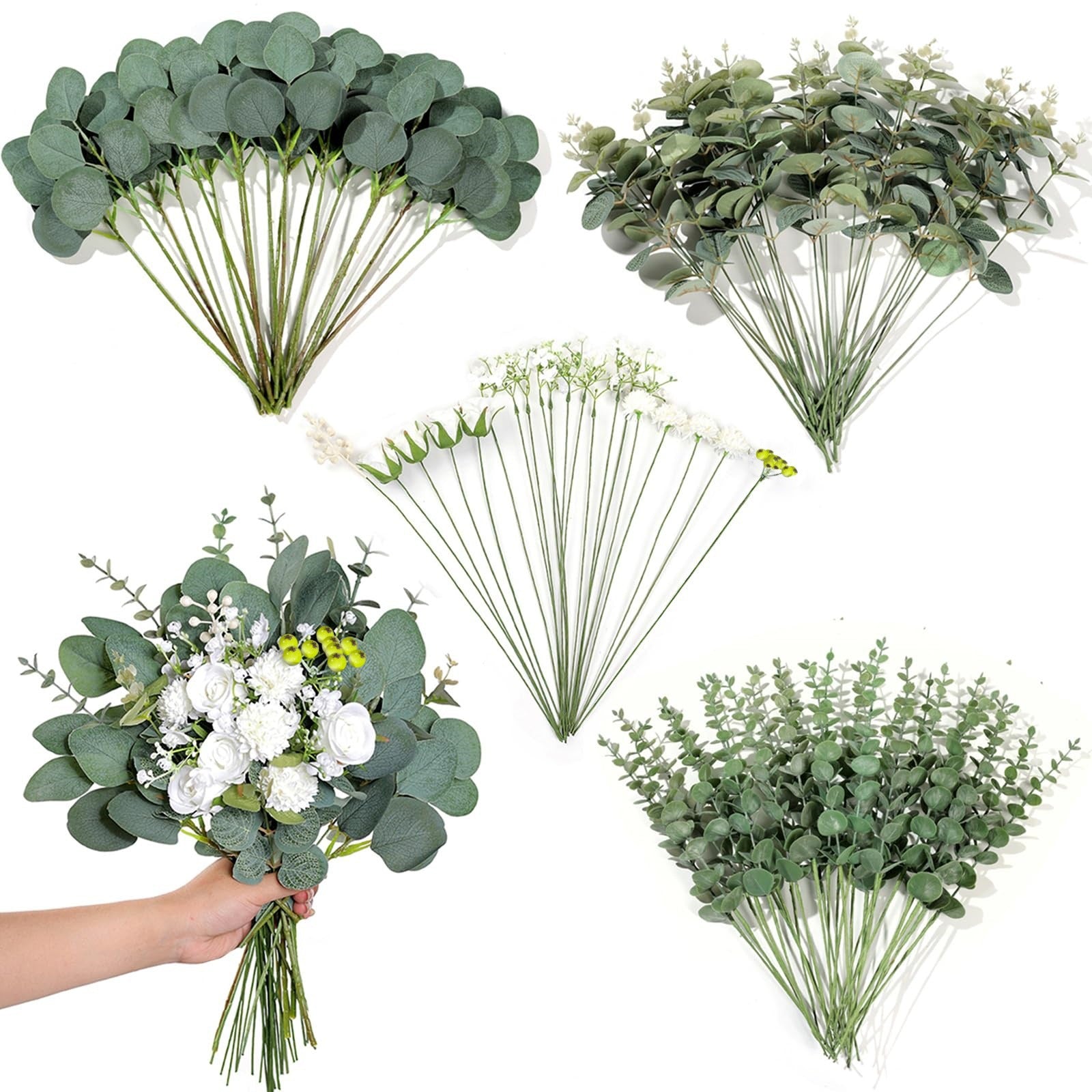 Bulk 110 Pcs 7 Kinds Mixed Artificial Eucalyptus Stems and Faux Flowers Wedding Floral Supplies for DIY Bouquets Table Centerpieces & Home Decor Arrangements Wholesale