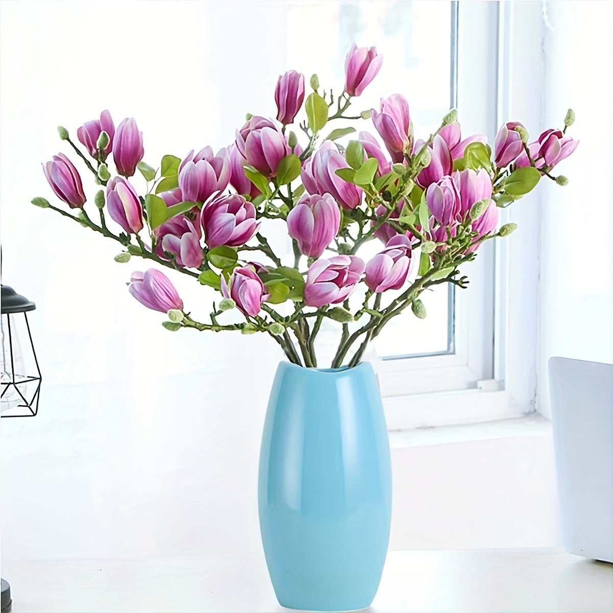 Premium 2pcs Artificial Magnolia Flowers High Quality PU Stem Wedding Table Centerpiece Leaves  Tall Vase Home Decor Arrangements