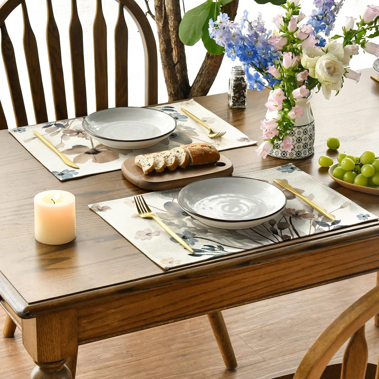 New Spring Floral Linen Placemats Set - 17.7"×11.8" Seasonal Table Decor for Kitchen & Dining
