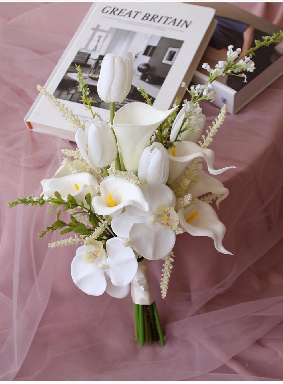 Bulk Tulip Bridal Bouquet 15" Luxury Artificial Flower Hand Tied Flexible Stems Fade Proof for Wedding Ceremony Bridesmaids Whoelsale