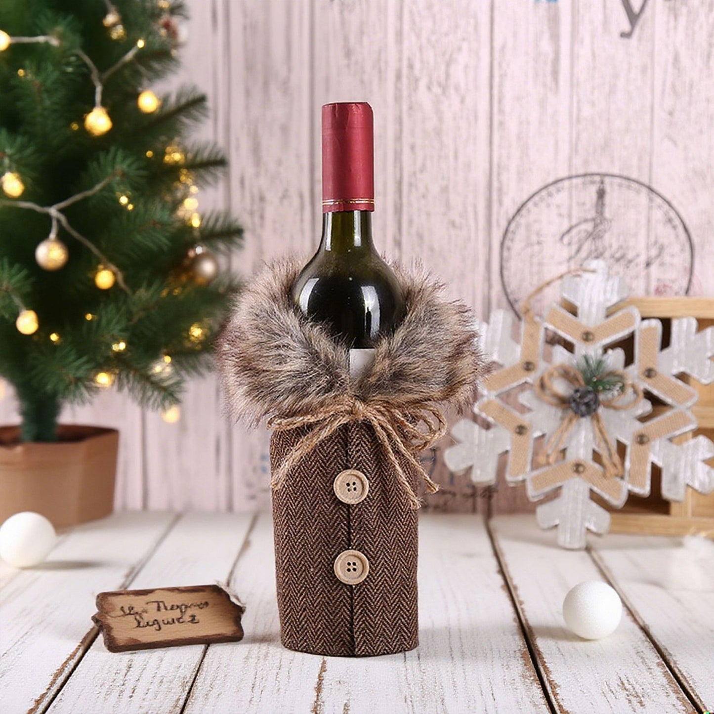 Christmas Plaid Wine Bottle Cover with Faux Fur Collar - Cute Cartoon Holiday Wine Jacket