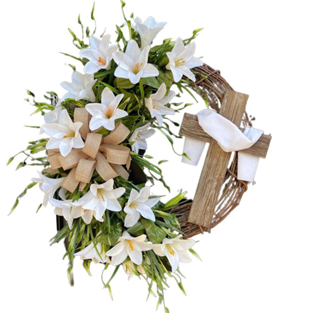 Easter Cross Wreath (14/16/18 Inch) - Natural Vine Front Door Decor | Artificial Flower Easter Decoration